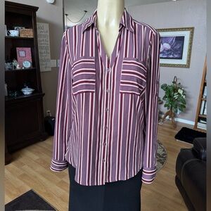 Express Portofino burgundy, red & white long sleeve Vneck blouse-size M